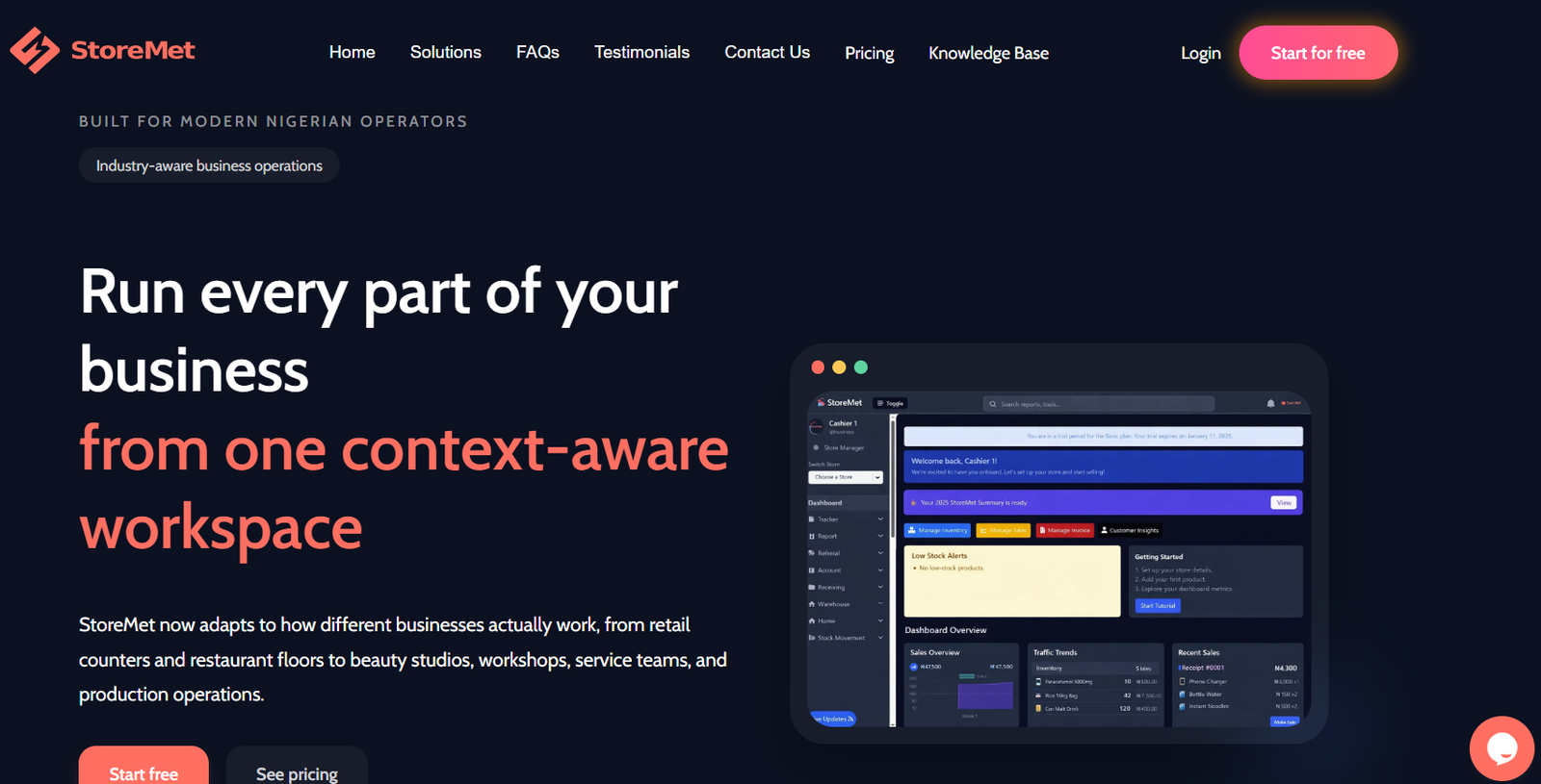 StoreMet business operations platform landing page and application dashboard